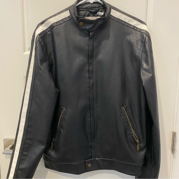 Toxic Hazard Leather Jacket Black with White Stripe Men’s Size S - Picture 1 of 6